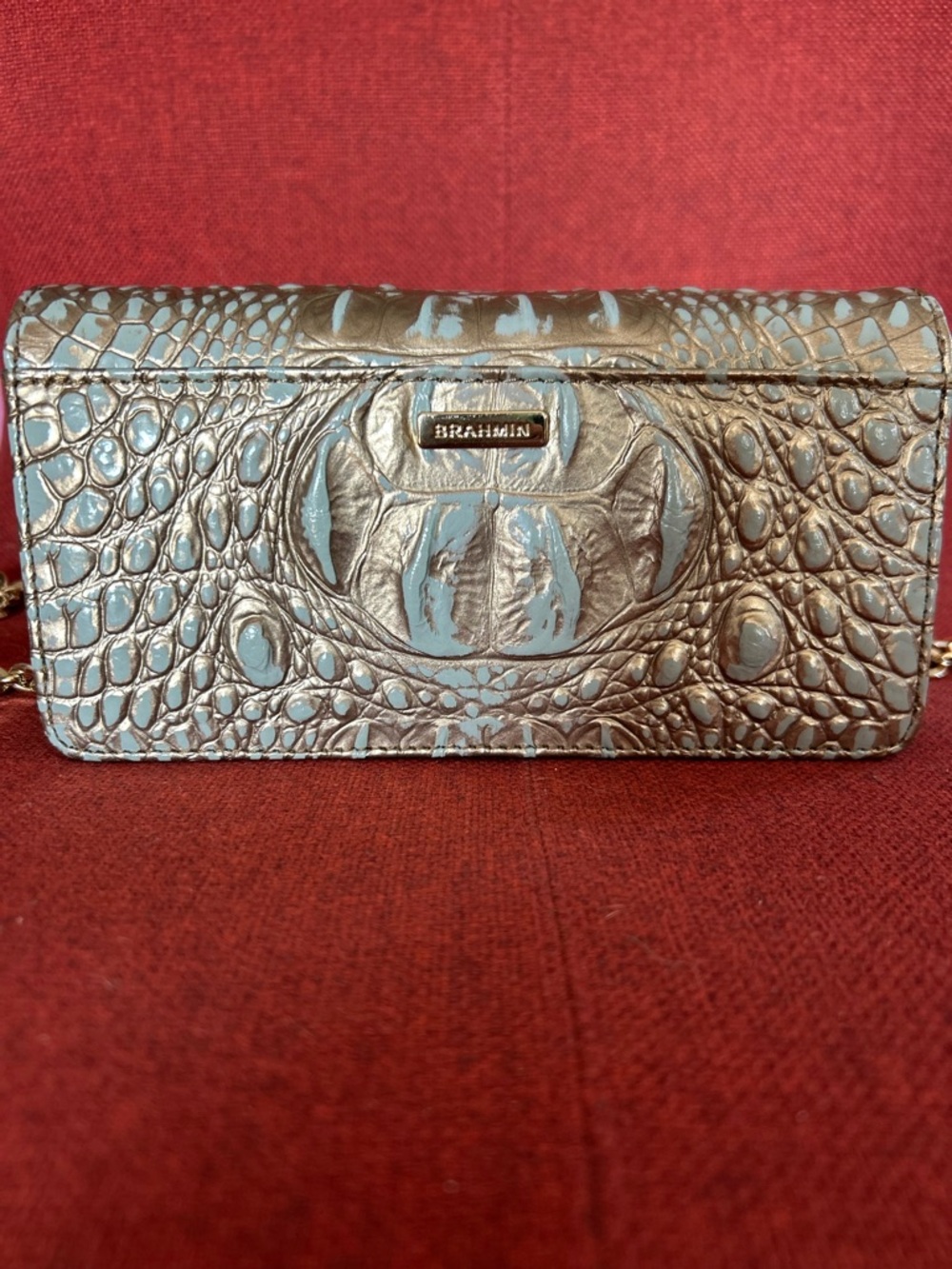 Brahmin Metallic Bronze and Light Blue Croc-Embossed Wristlet